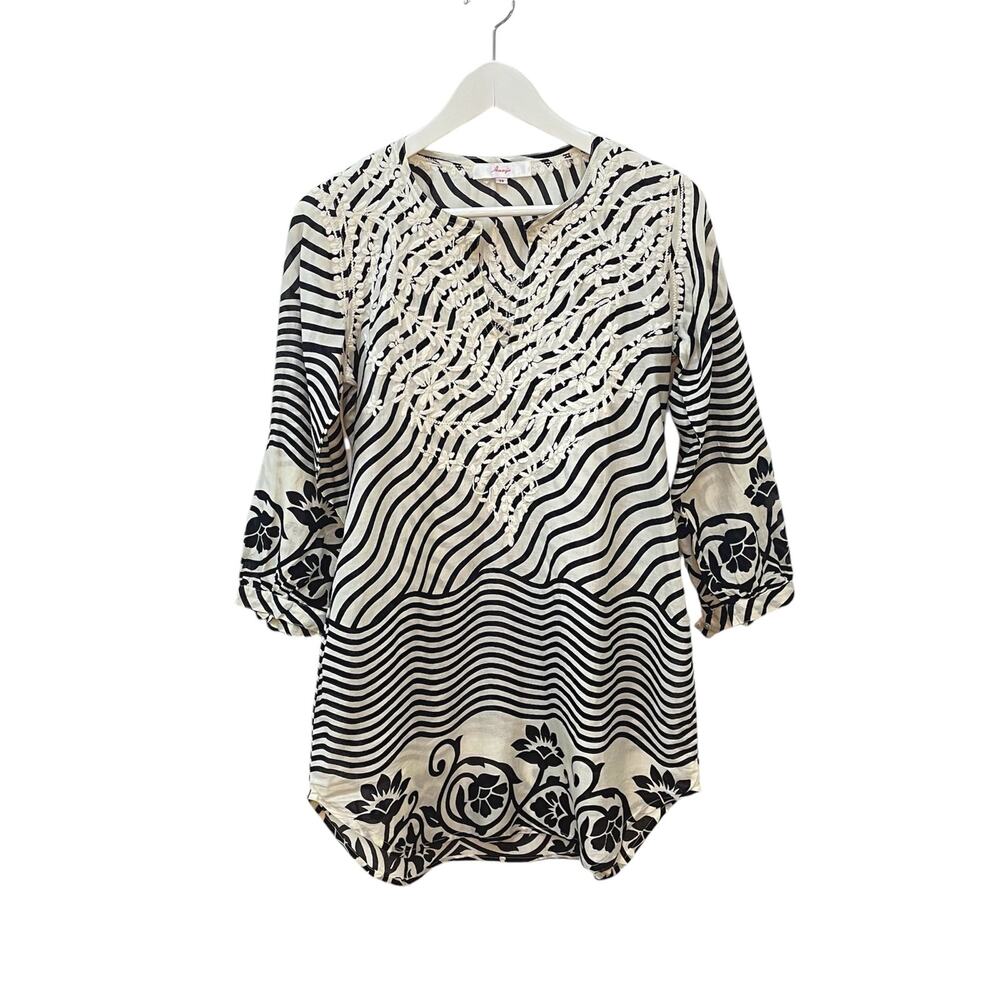 Amaya White & Black Size S Floral Embroidered Tab Sleeve Cotton Tunic Shirt